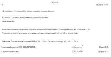 Приказ о возложении обязанностей кадрового работника на бухгалтера Приказ о возложении обязанностей кадрового работника на бухгалтера