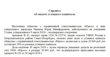 Образец справки ооо об оплате доли в уставном капитале